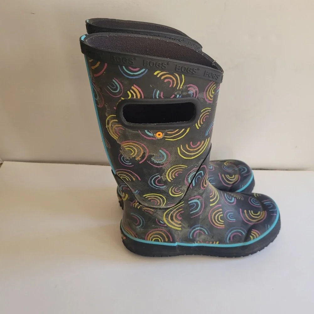 Bogs Rain Boots Youth 1 Black Wild Rainbow Waterproof Pull On